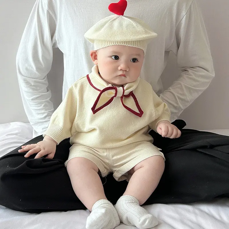 Ins Boys' Bow Tie Short Sleeve 2025 New Fashionable Baby Thin Knitted T-shirt Baby Fashion Bow Top