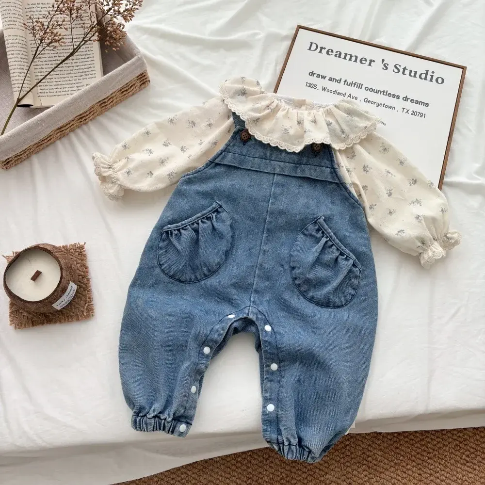2025 Autumn Winter New in Infant Baby Girls Cute Clothing , Kids Newborn Floral Top Shirts Denim Jumpsuits toddler 3M-3Y