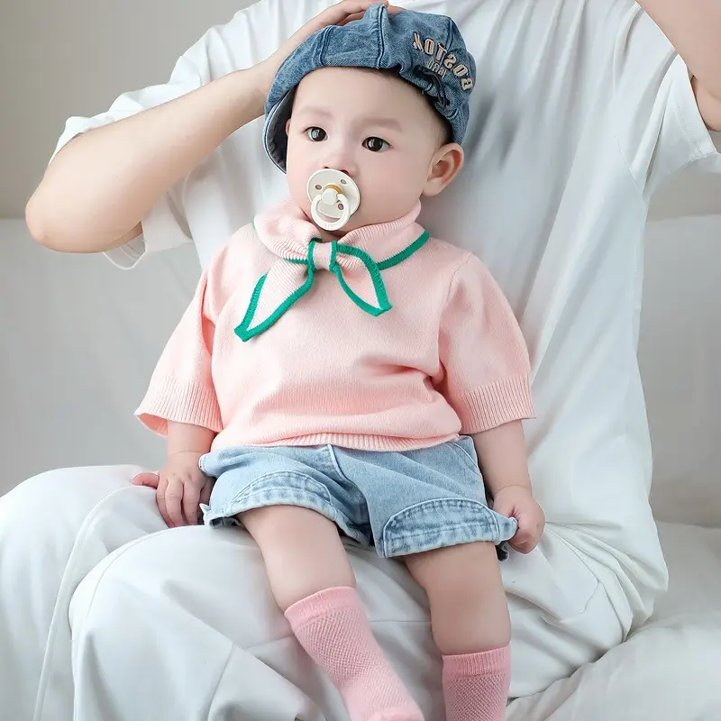 Ins Boys' Bow Tie Short Sleeve 2025 New Fashionable Baby Thin Knitted T-shirt Baby Fashion Bow Top