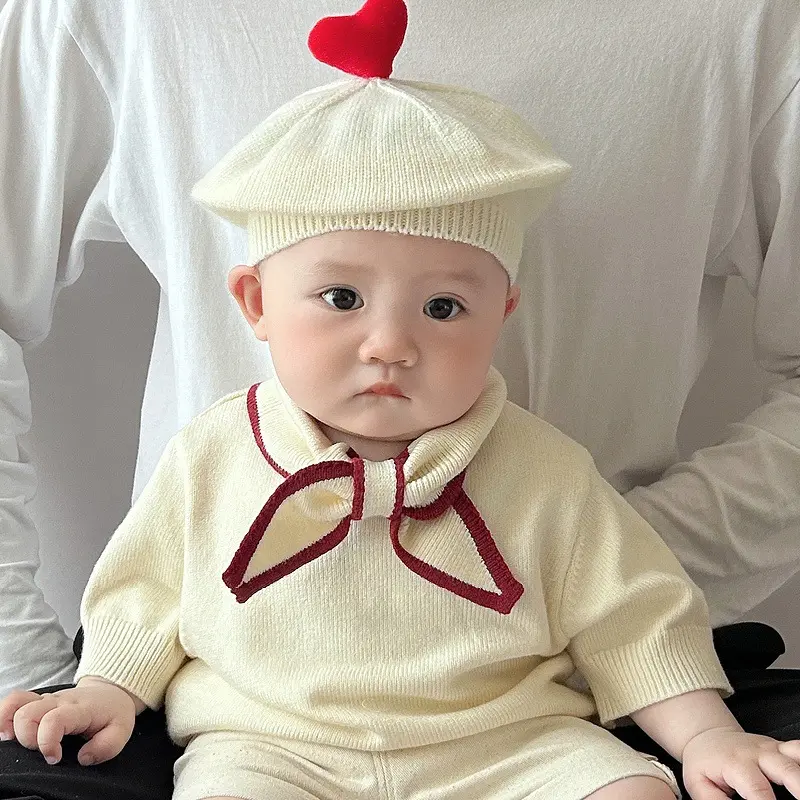 Ins Boys' Bow Tie Short Sleeve 2025 New Fashionable Baby Thin Knitted T-shirt Baby Fashion Bow Top