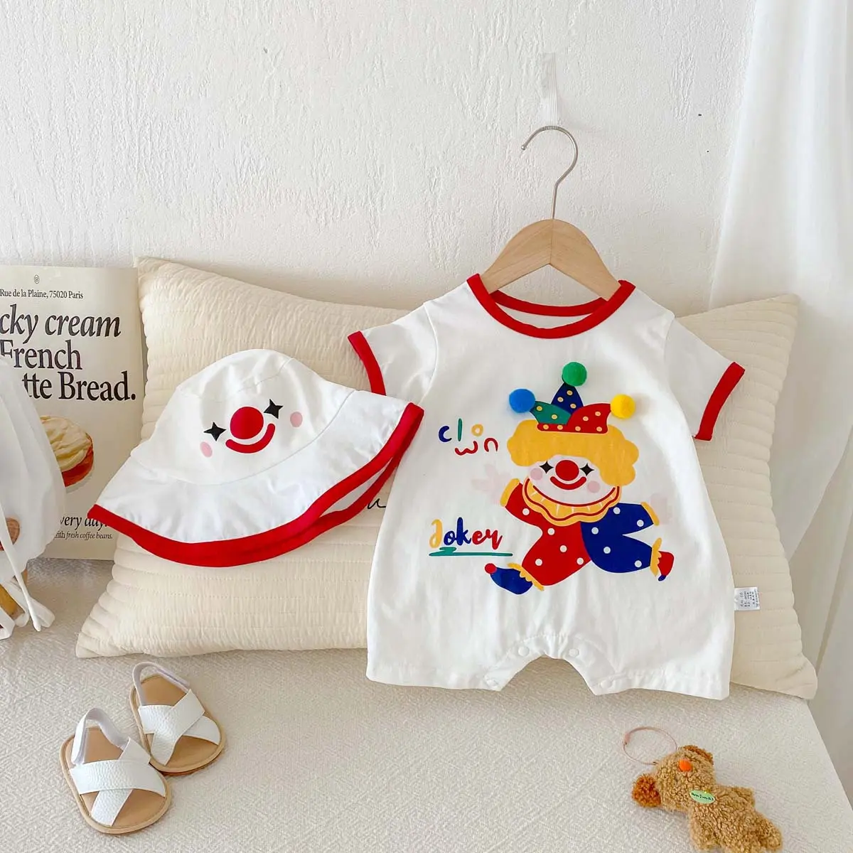 Baby Boy's Summer Clothes, Thin Cartoon Clown Short Sleeved Crawling Clothes, Baby Jumpsuit for Going Out Romper Sending Hats