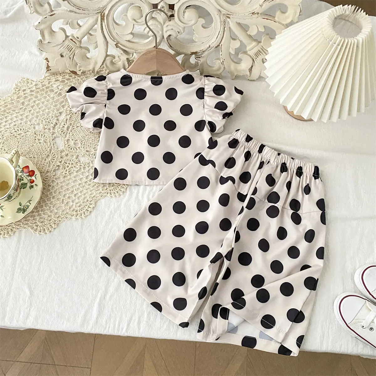 Children's Clothing Girl Polka Dot Set 2025 Summer New Item Korean Version Short Sleeved Top Wide Leg Pants 2 piece Set