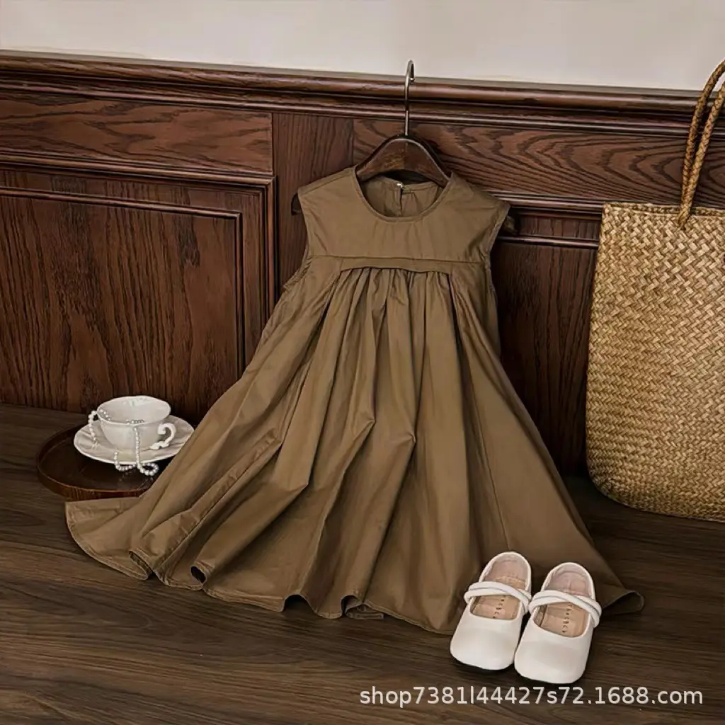 Girls' Summer New Fashionable Solid Color Medium Long Style Forest Style Temperament Large Children's Sleeveless Vest Dress