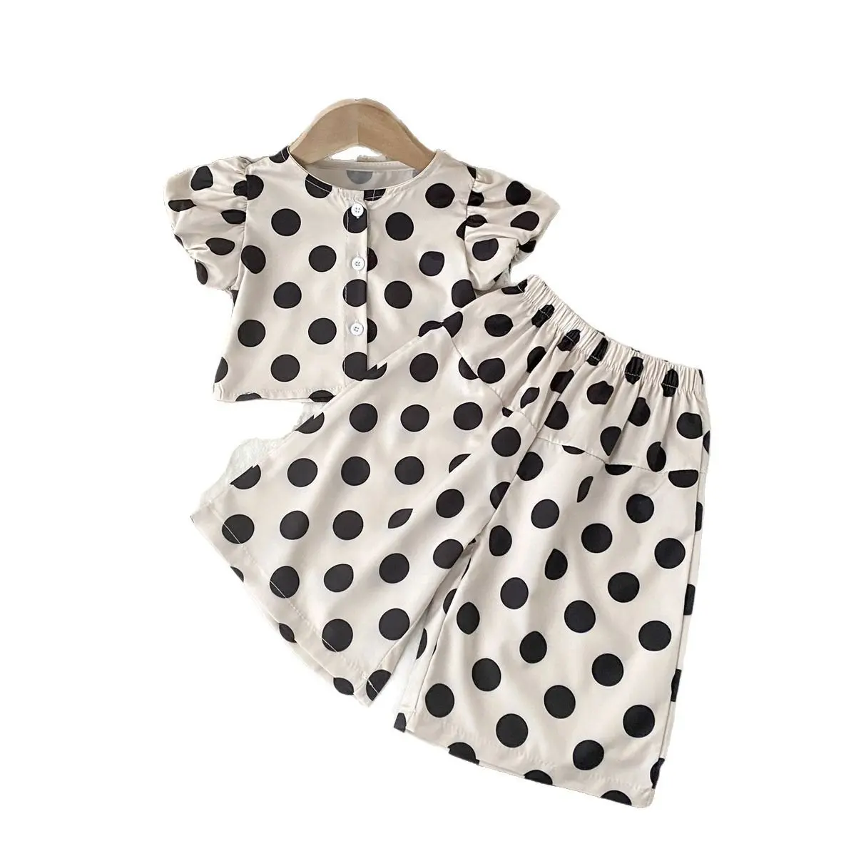 Children's Clothing Girl Polka Dot Set 2025 Summer New Item Korean Version Short Sleeved Top Wide Leg Pants 2 piece Set