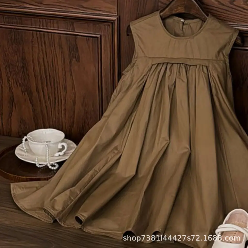 Girls' Summer New Fashionable Solid Color Medium Long Style Forest Style Temperament Large Children's Sleeveless Vest Dress