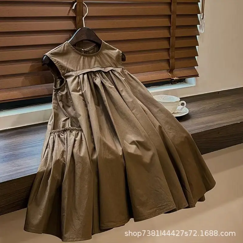Girls' Summer New Fashionable Solid Color Medium Long Style Forest Style Temperament Large Children's Sleeveless Vest Dress