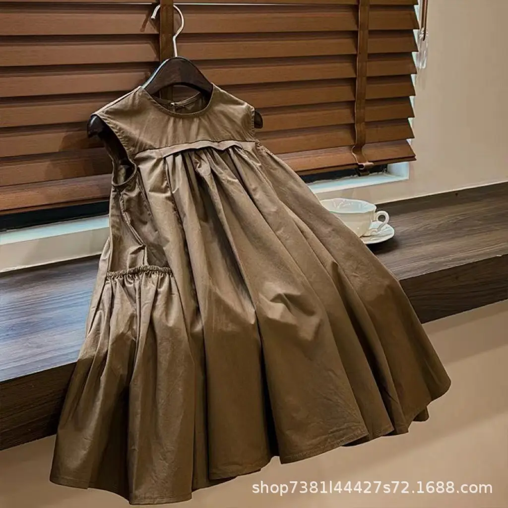 Girls' Summer New Fashionable Solid Color Medium Long Style Forest Style Temperament Large Children's Sleeveless Vest Dress