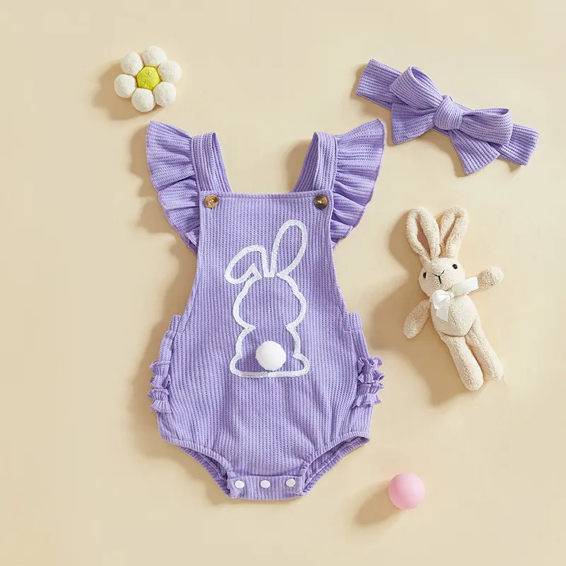 Children's Clothing, Infants and Toddlers, Easter New Bunny Fly Sleeve Button Up Suspender Jumpsuit, Waffle Crawl Suit