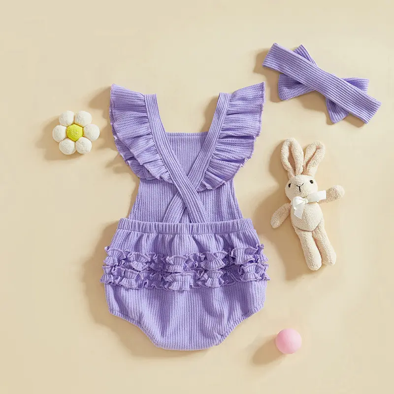 Children's Clothing, Infants and Toddlers, Easter New Bunny Fly Sleeve Button Up Suspender Jumpsuit, Waffle Crawl Suit