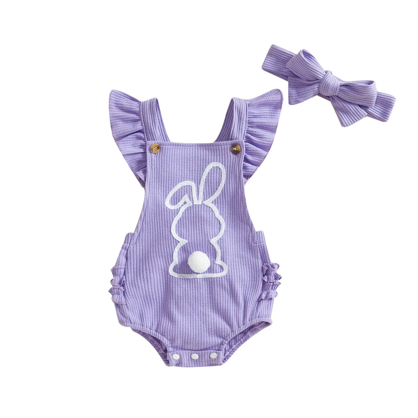 Children's Clothing, Infants and Toddlers, Easter New Bunny Fly Sleeve Button Up Suspender Jumpsuit, Waffle Crawl Suit