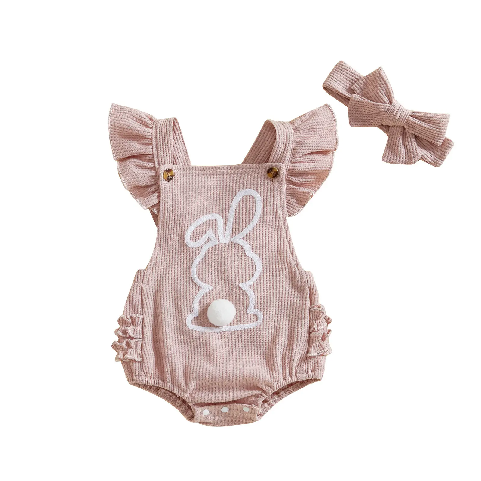 Children's Clothing, Infants and Toddlers, Easter New Bunny Fly Sleeve Button Up Suspender Jumpsuit, Waffle Crawl Suit