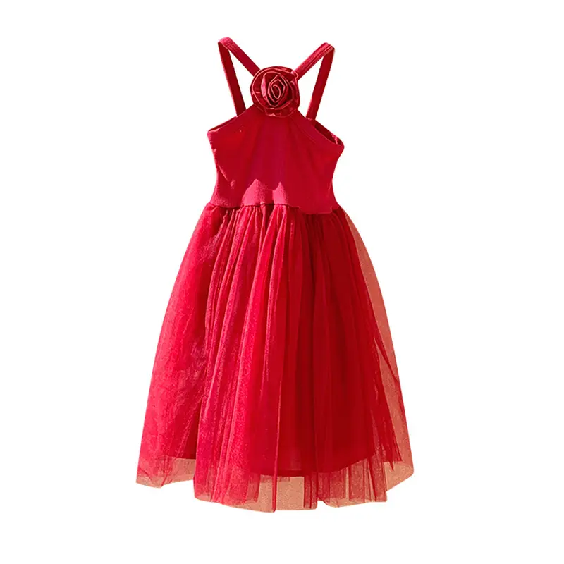 2025 Summer New French Rose Suspender Girls' Dress Sweet and Stylish Mesh Princess Skirt Beach Skirt