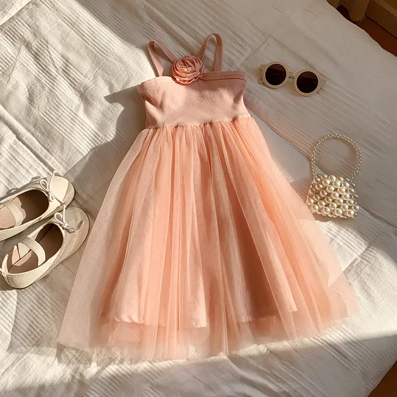 2025 Summer New French Rose Suspender Girls' Dress Sweet and Stylish Mesh Princess Skirt Beach Skirt
