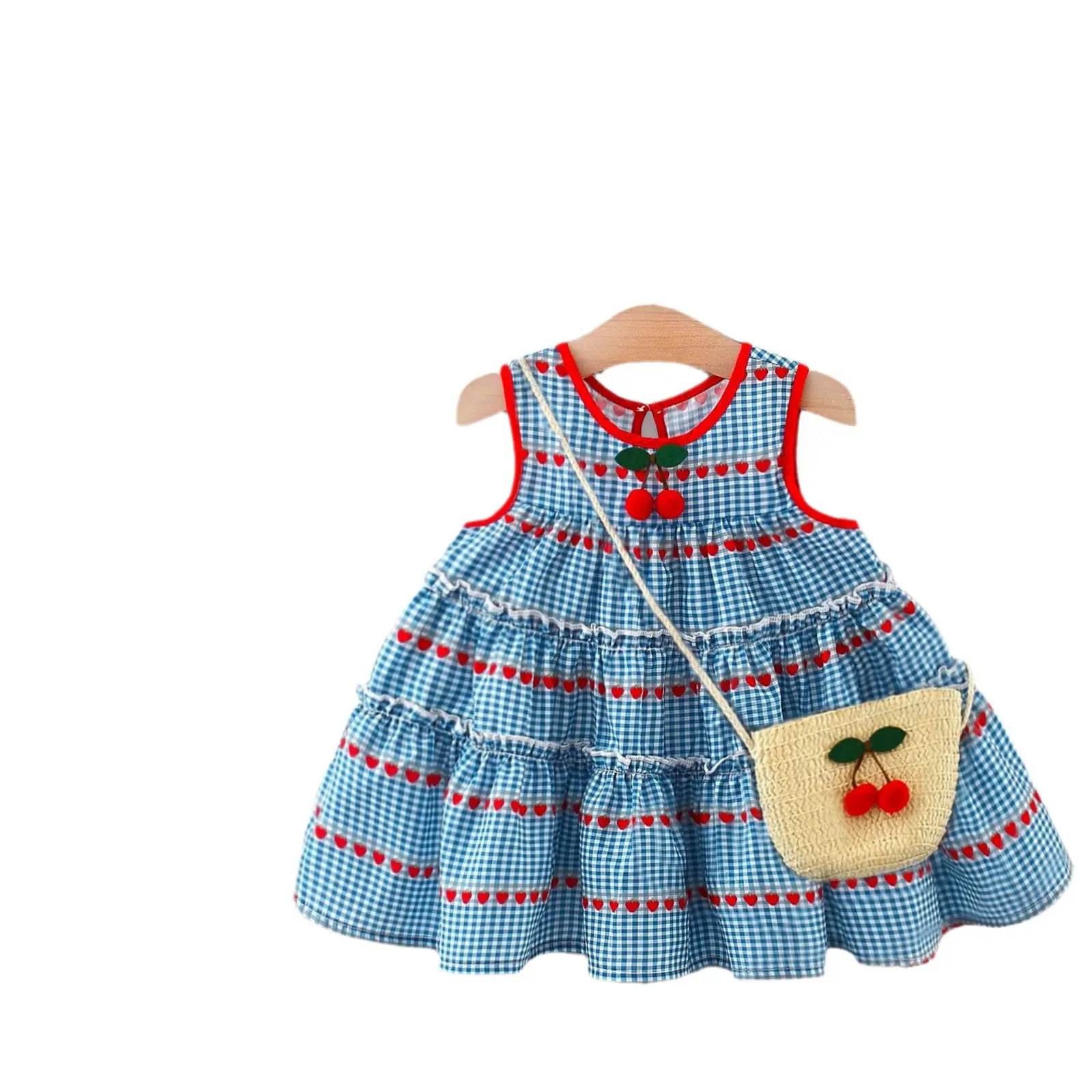 Girl's Sleeveless Dress 2024 Summer New Item, Korean Version Checkered Vest Dress for Small and Medium-sized Children, Free Bag