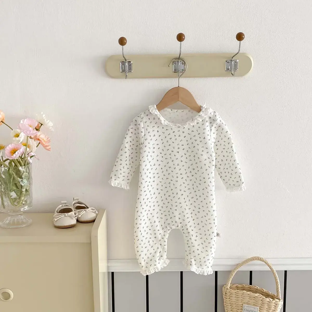 2025 Winter Autumn New in Newborn Infant Cute Waffle Floral Ruched Outfits,toddler Kids Baby Jumpsuits Lace Romper 0-24M