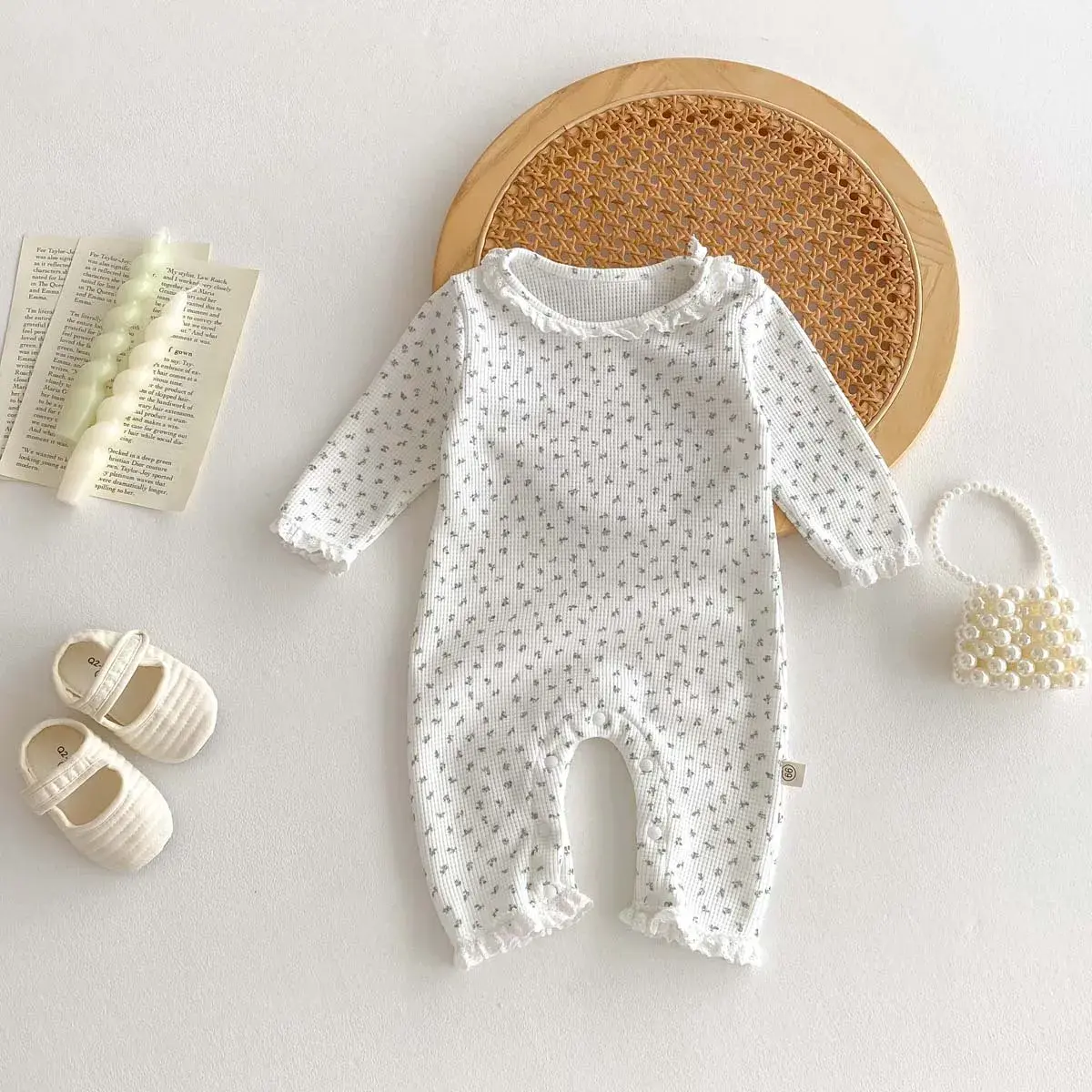 2025 Winter Autumn New in Newborn Infant Cute Waffle Floral Ruched Outfits,toddler Kids Baby Jumpsuits Lace Romper 0-24M
