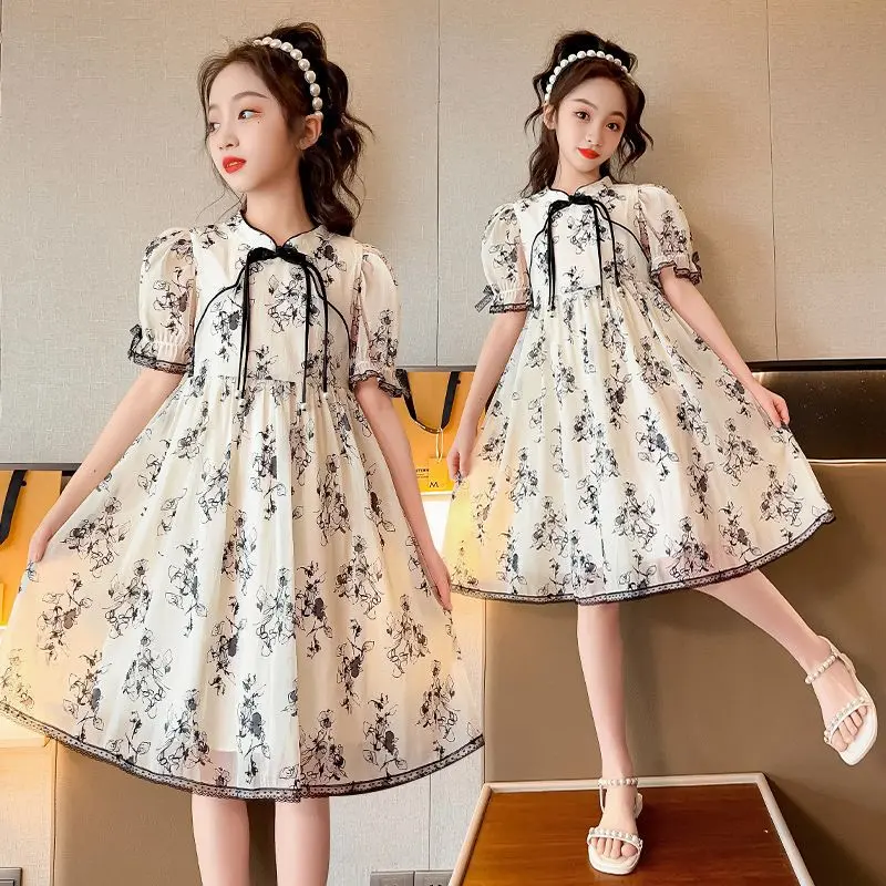 Girls' Dress Summer New Cheongsam Retro Super Fairy Chinese Painting Chinese Style Girls' Princess Dress