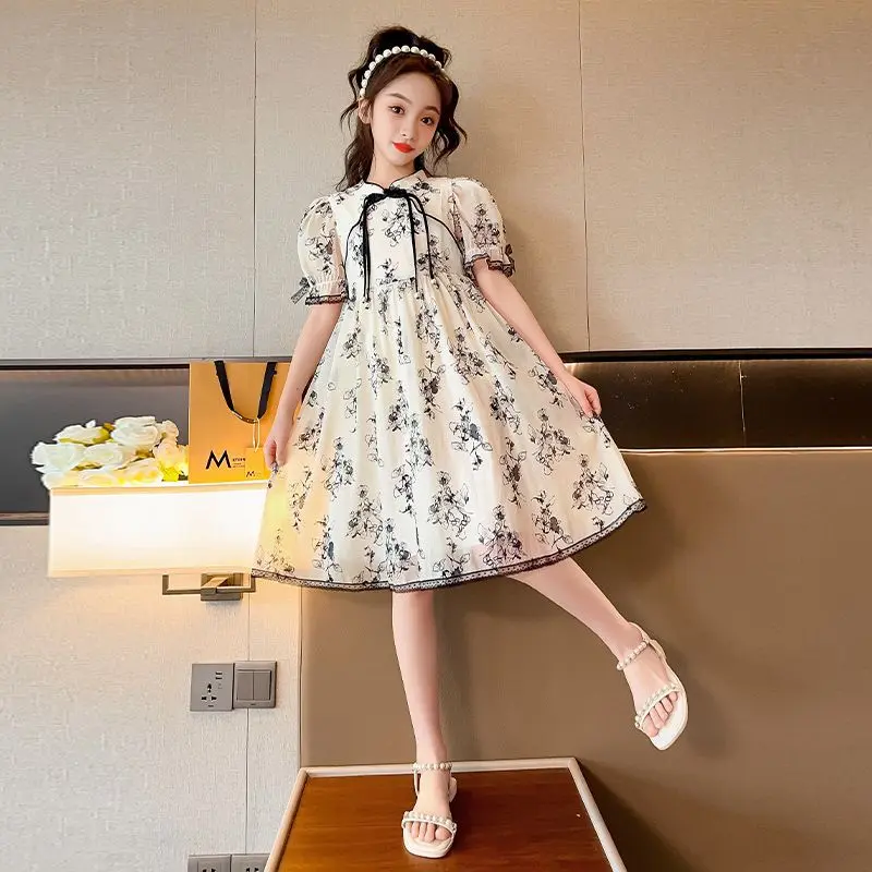 Girls' Dress Summer New Cheongsam Retro Super Fairy Chinese Painting Chinese Style Girls' Princess Dress