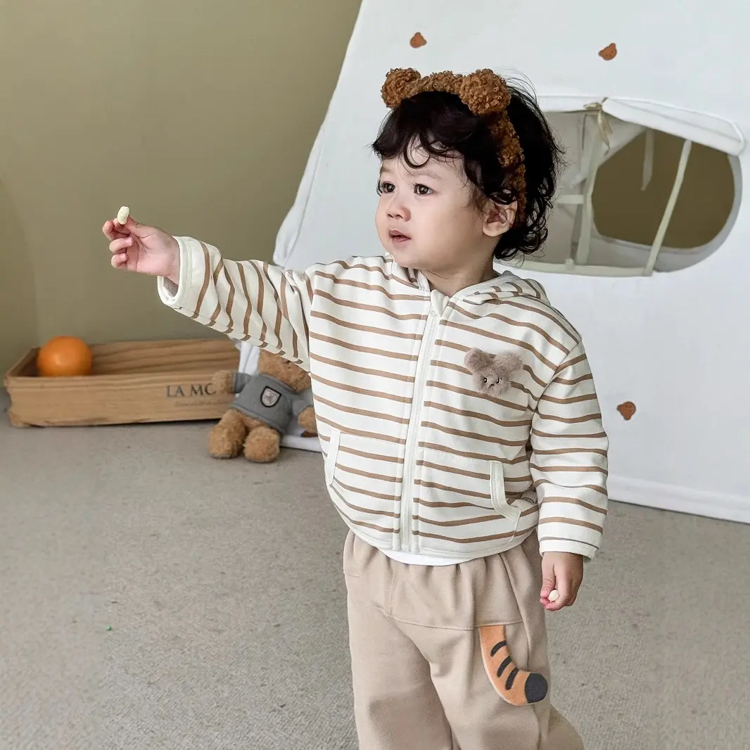 Children's Striped Jacket 2025 New Autumn Boys' Fashion Korean Version Hooded Top Baby Super Cute Cartoon Autumn Outfit