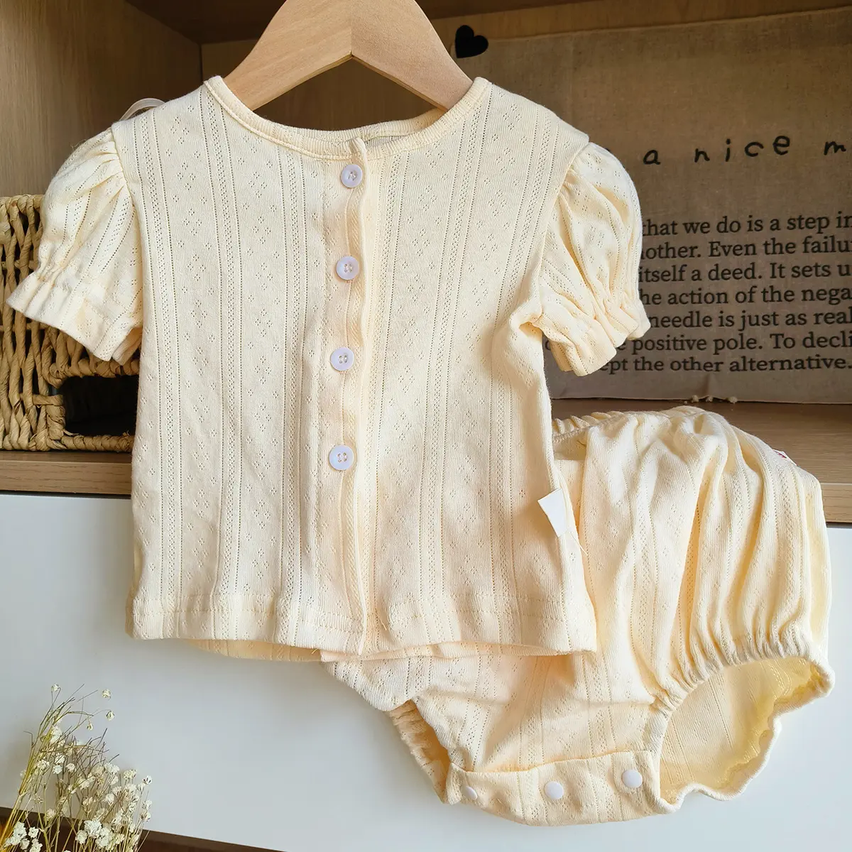 Summer Infant Toddler Hollow Out Solid Color Short Sleeve Cardigan+Shorts Set for Baby Girls, Two-Piece Casual Home Wear Outfit