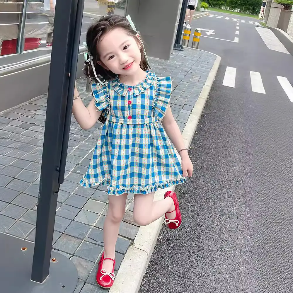 2025 Summer New French Embroidered Little Flying Sleeve Checkered Girls' Dress with Lotus Leaf Lace Round Neck