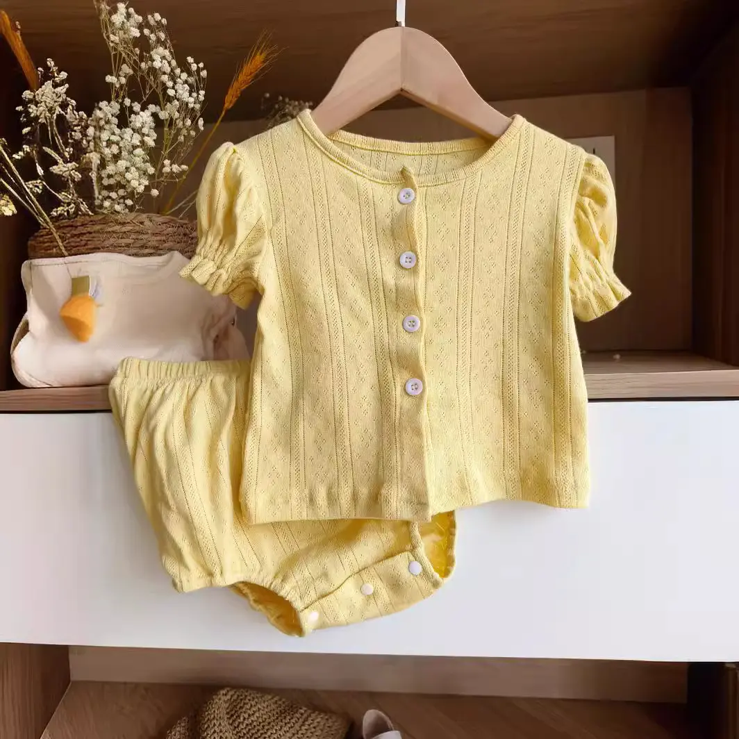 Summer Infant Toddler Hollow Out Solid Color Short Sleeve Cardigan+Shorts Set for Baby Girls, Two-Piece Casual Home Wear Outfit