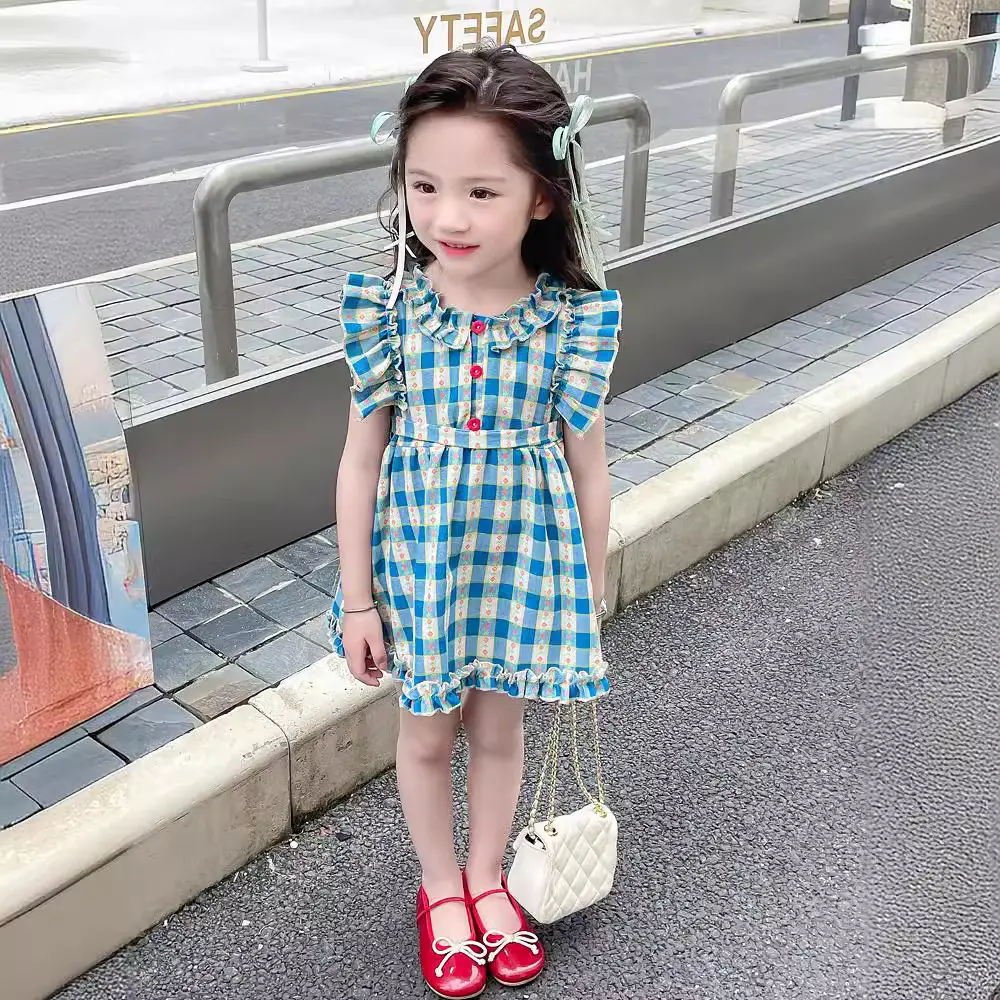 2025 Summer New French Embroidered Little Flying Sleeve Checkered Girls' Dress with Lotus Leaf Lace Round Neck