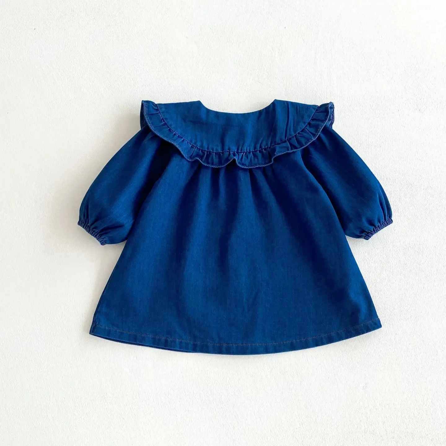 2025 Spring New in Infant Newborn Girls Solid Color Denim Peter Pan Collar Outfits , Toddler Kids Jumpsuits Baby Cute Bodysuits