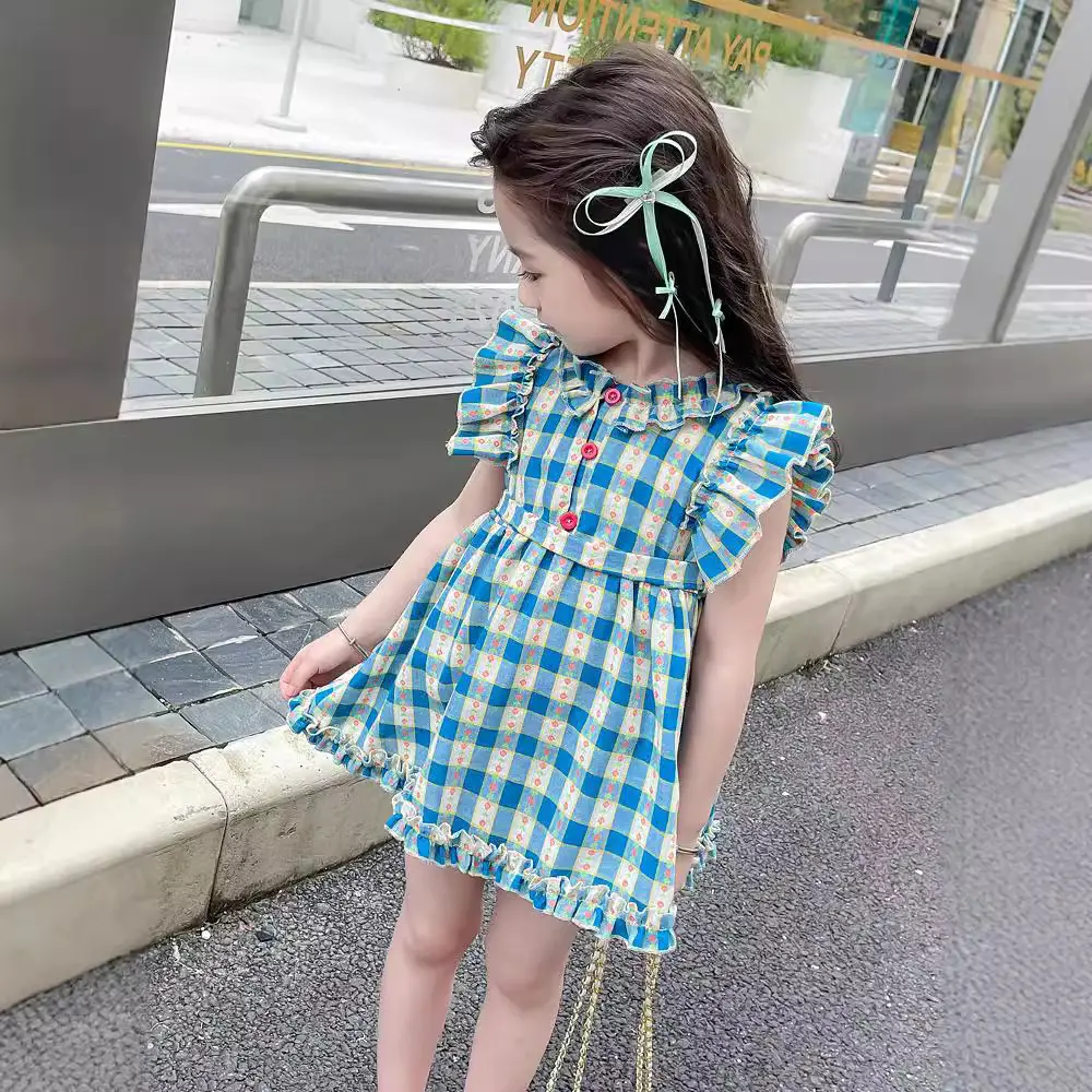 2025 Summer New French Embroidered Little Flying Sleeve Checkered Girls' Dress with Lotus Leaf Lace Round Neck