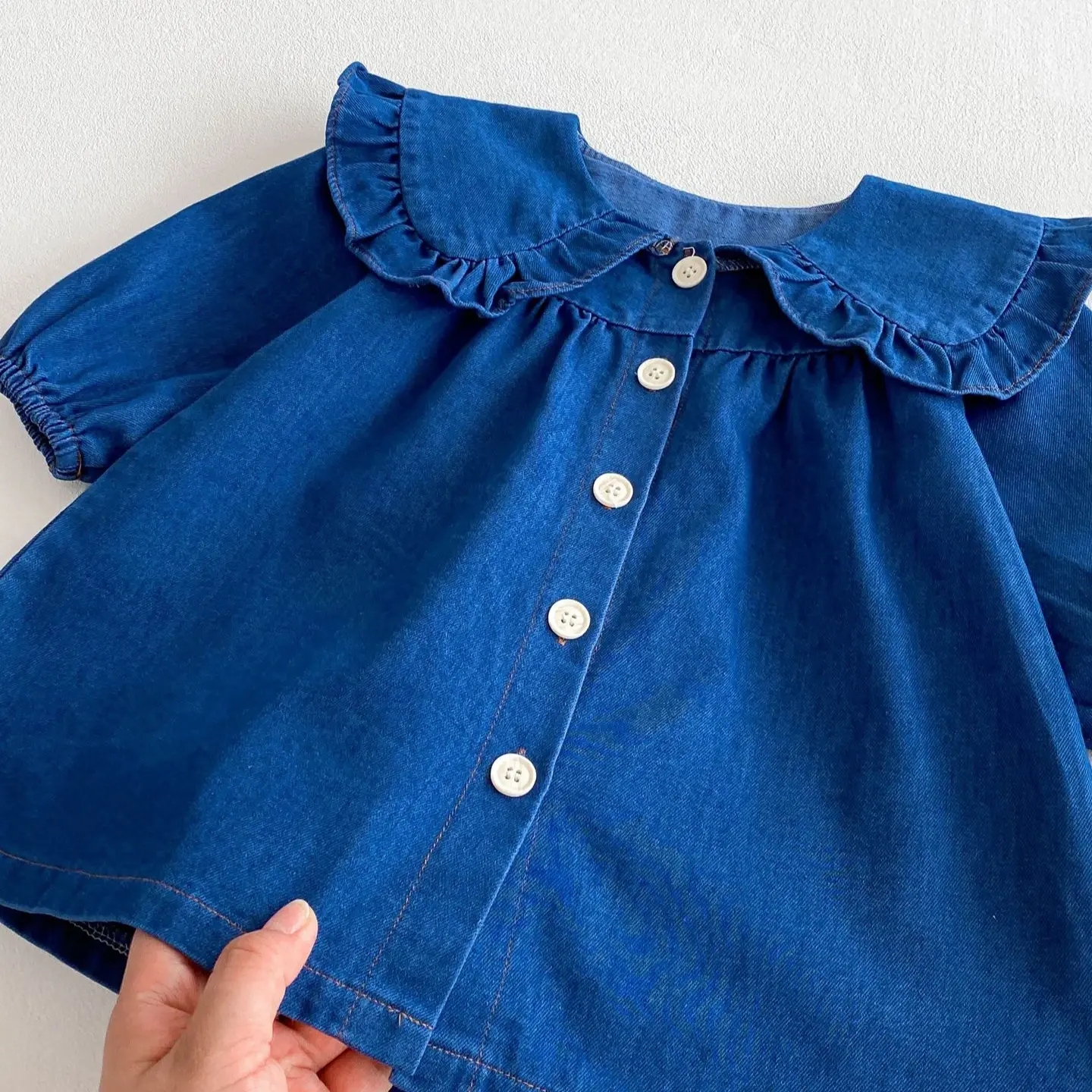 2025 Spring New in Infant Newborn Girls Solid Color Denim Peter Pan Collar Outfits , Toddler Kids Jumpsuits Baby Cute Bodysuits
