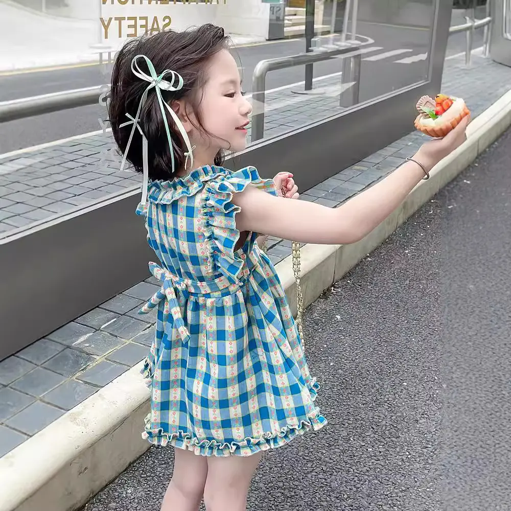 2025 Summer New French Embroidered Little Flying Sleeve Checkered Girls' Dress with Lotus Leaf Lace Round Neck