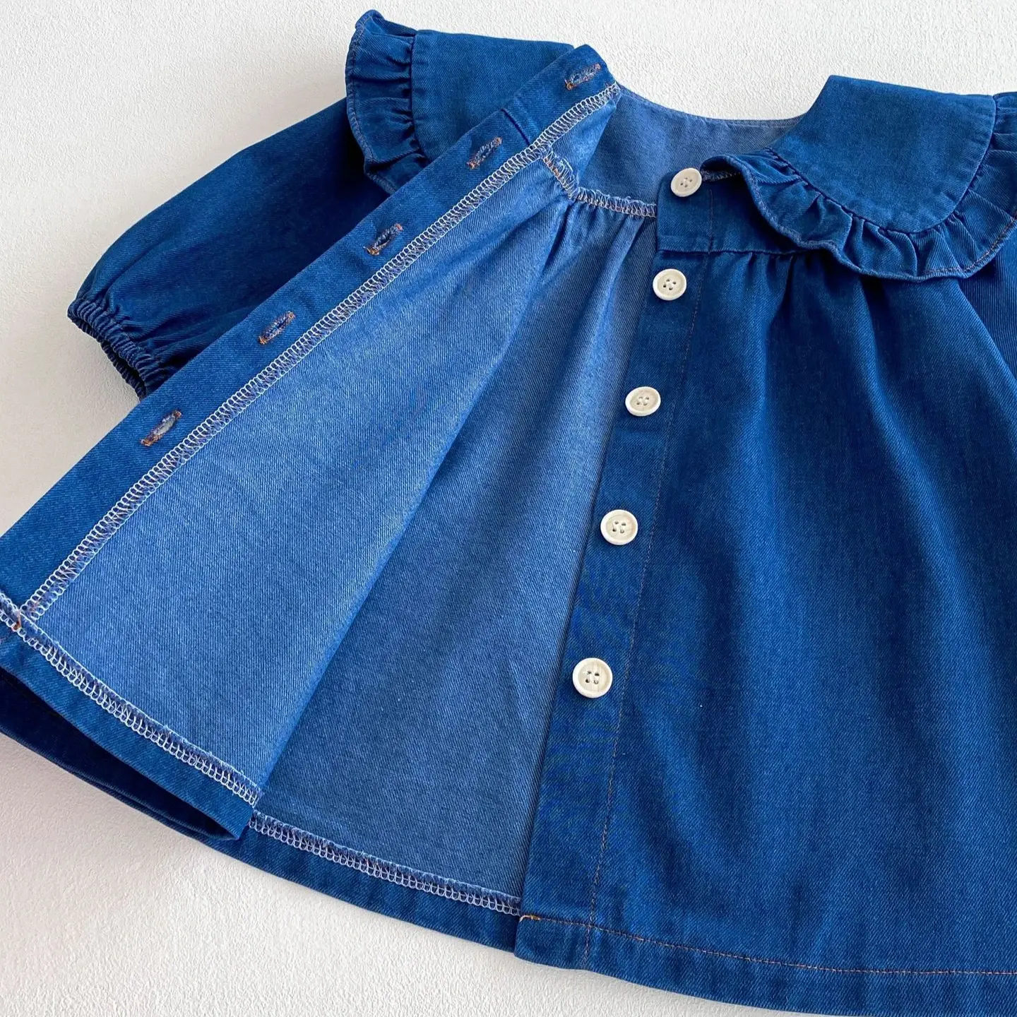 2025 Spring New in Infant Newborn Girls Solid Color Denim Peter Pan Collar Outfits , Toddler Kids Jumpsuits Baby Cute Bodysuits