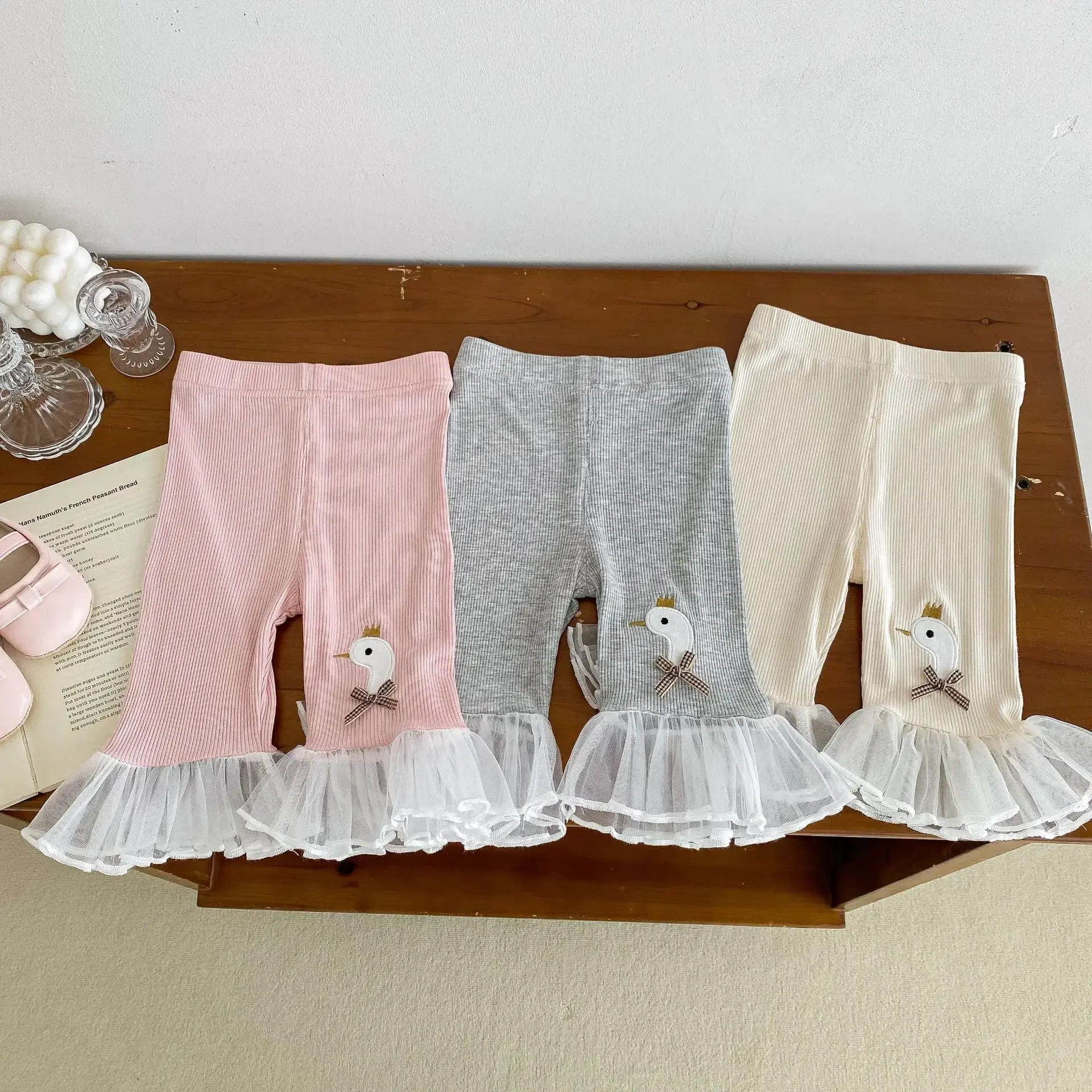 2024 Autumn New in Kids Baby Girls Cute Clothing - Children Knitting Swan Mesh Flare Pants , Toddler Leggings 3M-5Y