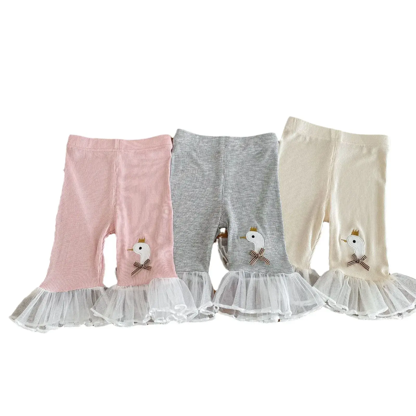 2024 Autumn New in Kids Baby Girls Cute Clothing - Children Knitting Swan Mesh Flare Pants , Toddler Leggings 3M-5Y