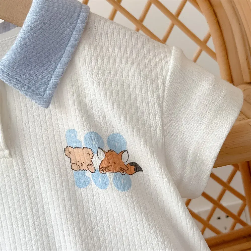 2024 Summer Baby Boys Short Sleeve Polo Bodysuits Cartoon Print - Infant Toddler Casual Onesie , Kids Clothing Jumpsuits 0-24M
