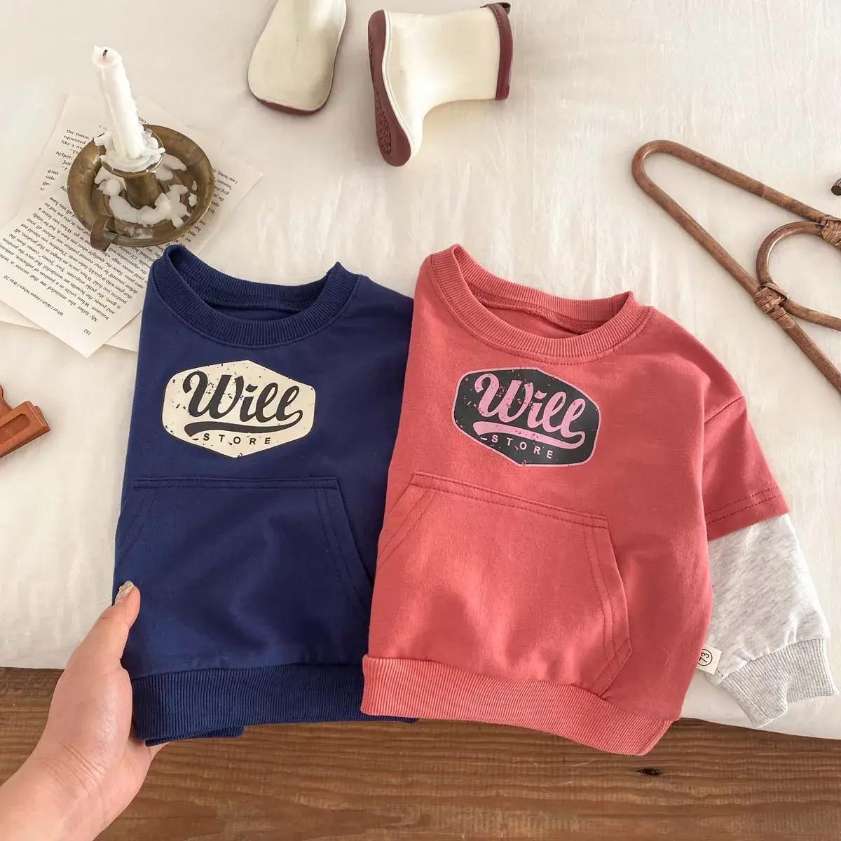 2025 Spring New in Kids Baby Boys Fashion Clothing Infant Full Sleeve Letter Fake Two Pieces Kangaroo Bag Top Sweatshirts 3M-3Y