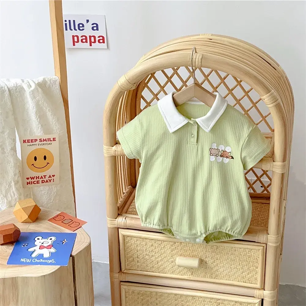 2024 Summer Baby Boys Short Sleeve Polo Bodysuits Cartoon Print - Infant Toddler Casual Onesie , Kids Clothing Jumpsuits 0-24M