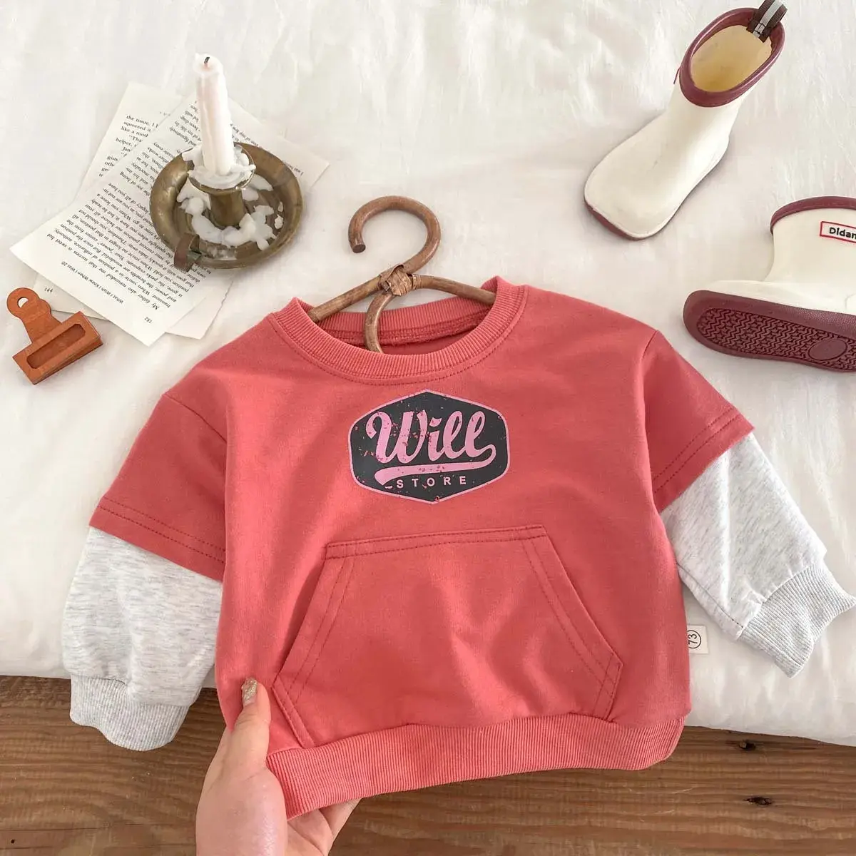 2025 Spring New in Kids Baby Boys Fashion Clothing Infant Full Sleeve Letter Fake Two Pieces Kangaroo Bag Top Sweatshirts 3M-3Y