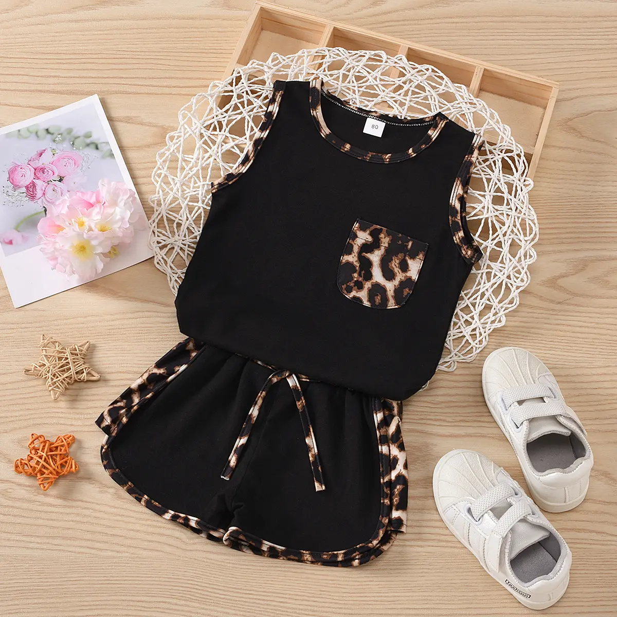 2025 new in kids baby girls fashion clothing set 2pcs children sleeveless leopard top vest+shorts toddler clothes 1-6Y