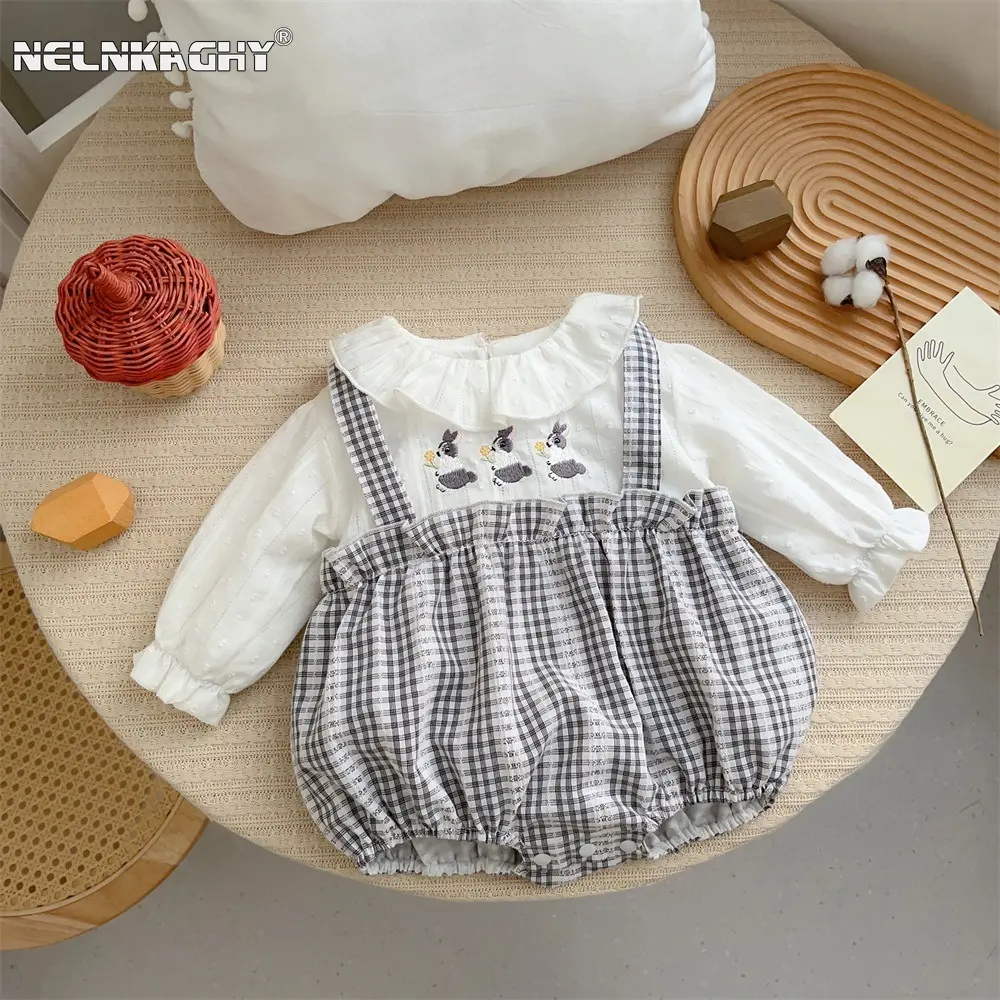 2025 Autumn New in Kids Infant Girls Cute Embroidery Plaid Jumpsuits , Toddler Baby Full Sleeve Outfits Infant Bodysuits 0-24M
