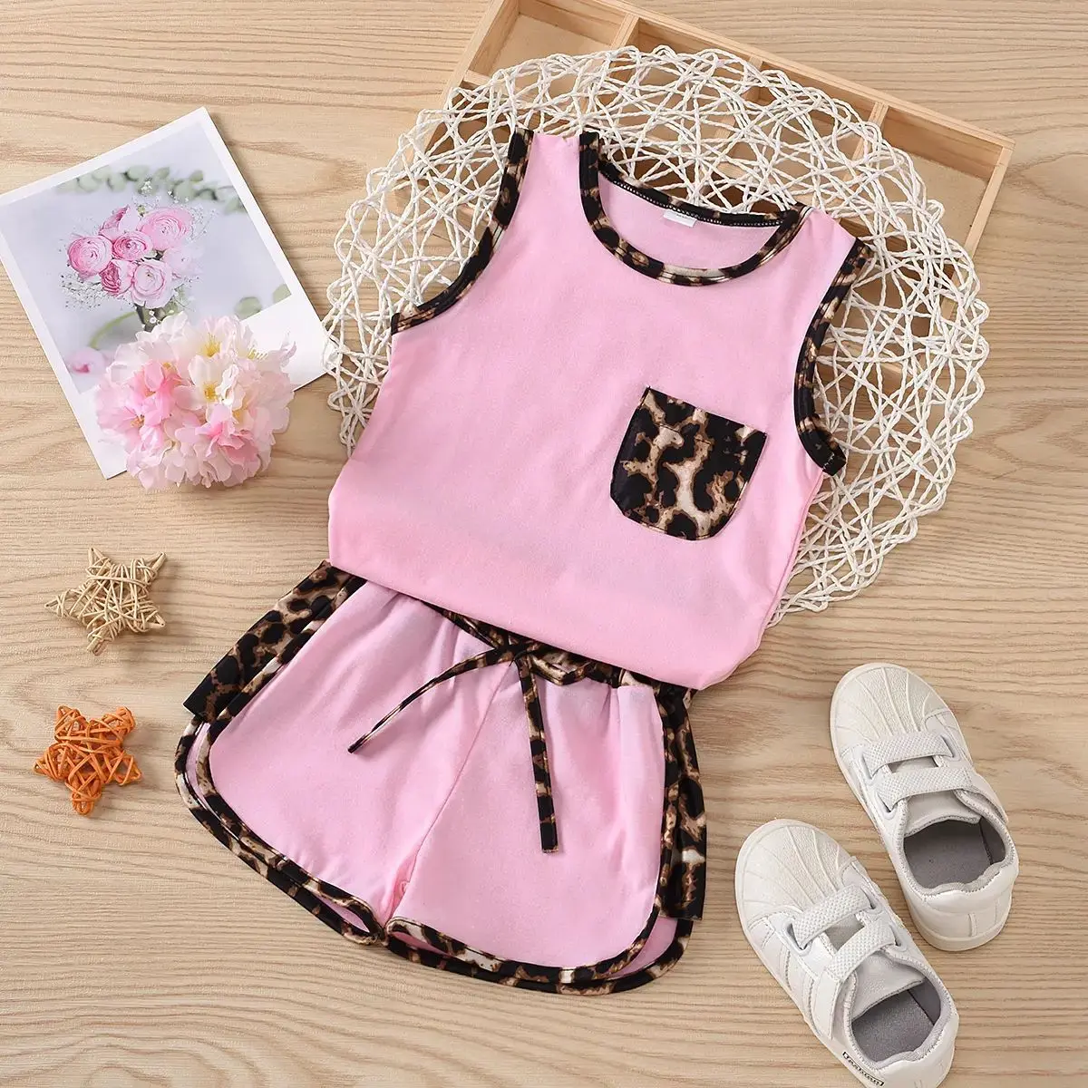 2025 new in kids baby girls fashion clothing set 2pcs children sleeveless leopard top vest+shorts toddler clothes 1-6Y