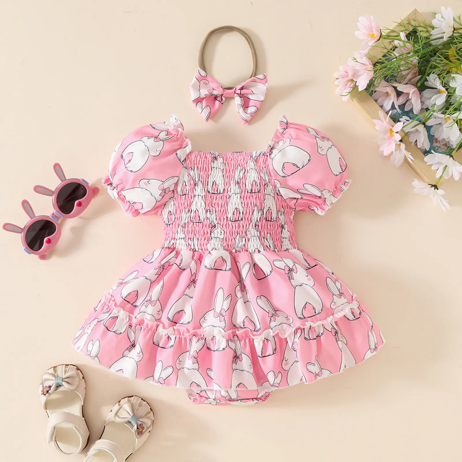 2025 Summer Baby Girl Easter Pulling Craft Short Sleeve Triangle Ha Dress Rabbit Printed Square Collar Jumpsuit Skirt