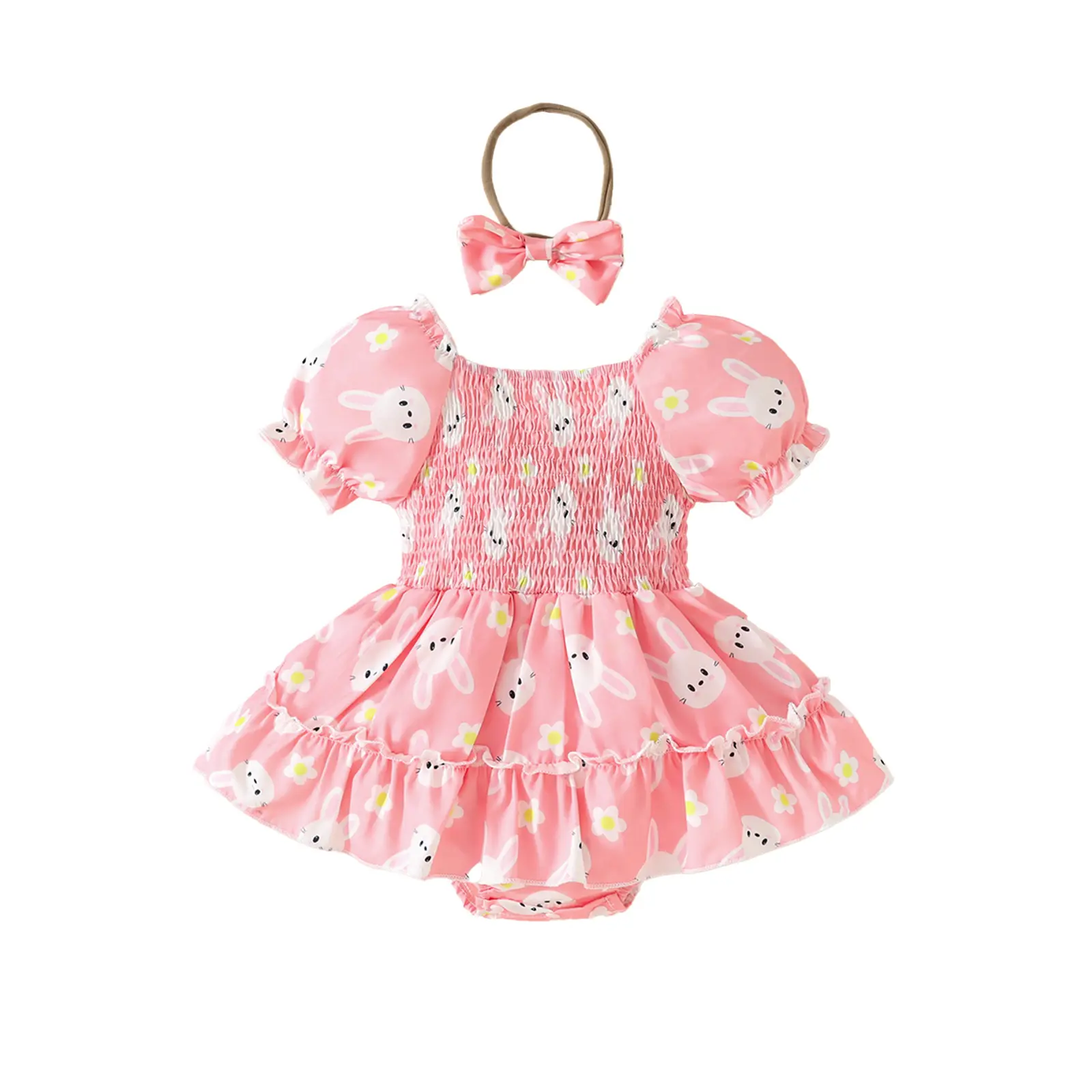 2025 Summer Baby Girl Easter Pulling Craft Short Sleeve Triangle Ha Dress Rabbit Printed Square Collar Jumpsuit Skirt