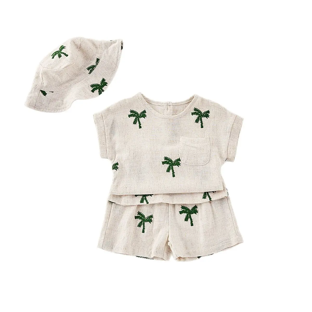 Nordic style casual children's set 2025 summer for boys and girls, baby bamboo cotton sleeveless top, pants, hat, three pieces