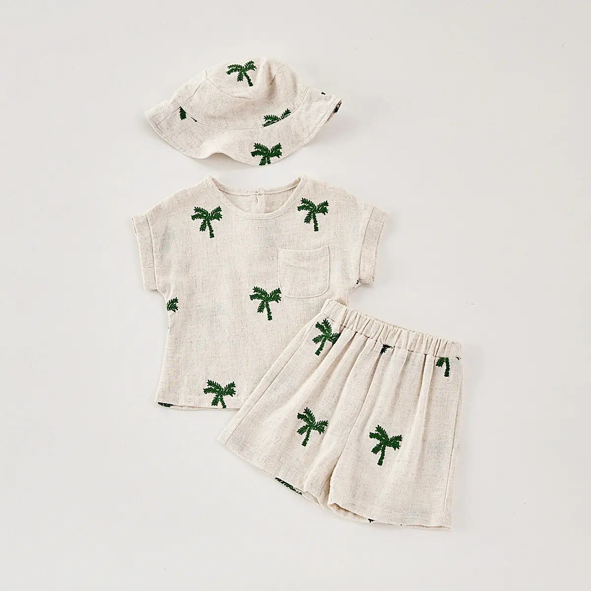 Nordic style casual children's set 2025 summer for boys and girls, baby bamboo cotton sleeveless top, pants, hat, three pieces