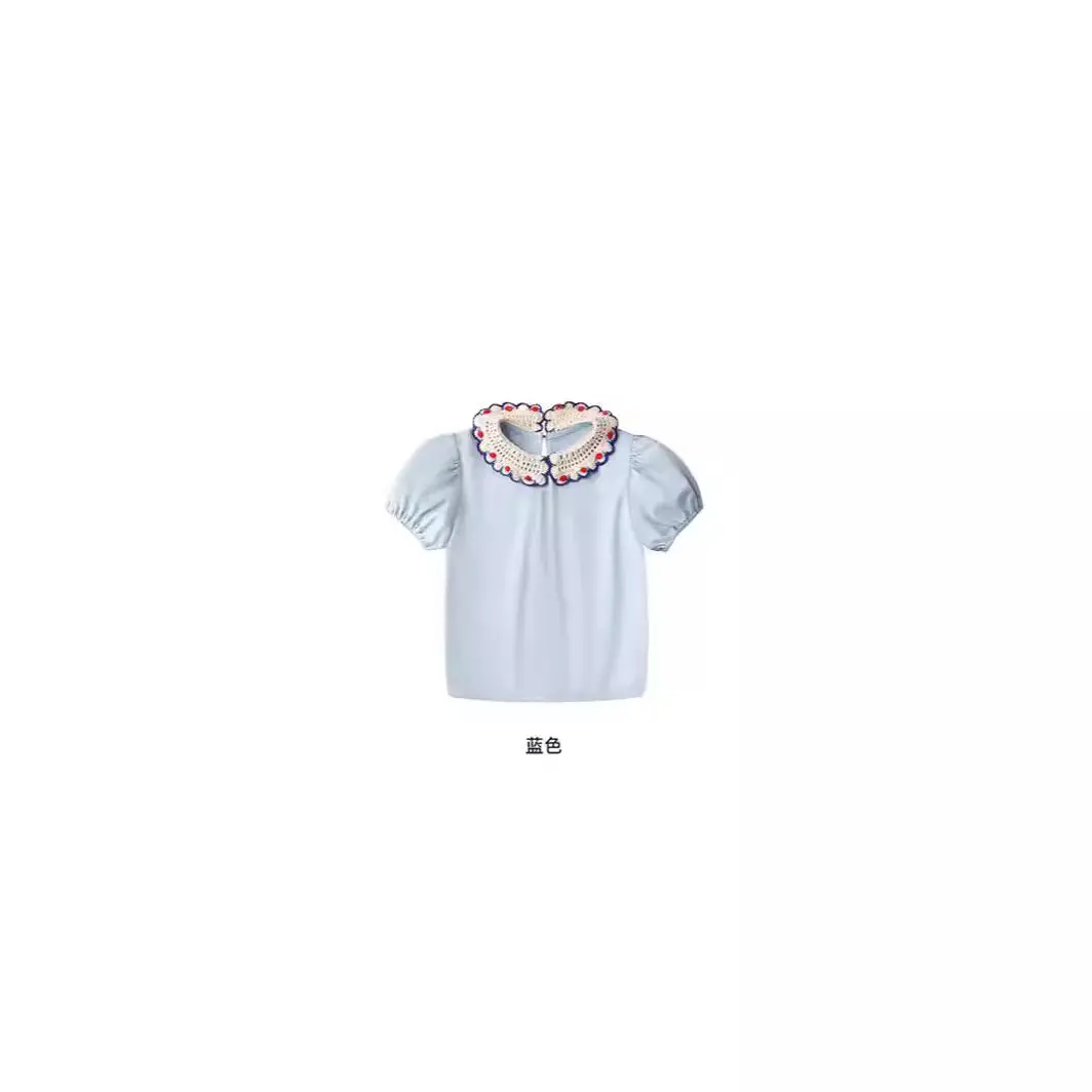 Girl's Summer T-shirt Cute 2025 New European and American Style Hook Flower Collar Short Sleeve T-shirt Summer Bubble Sleeve Top