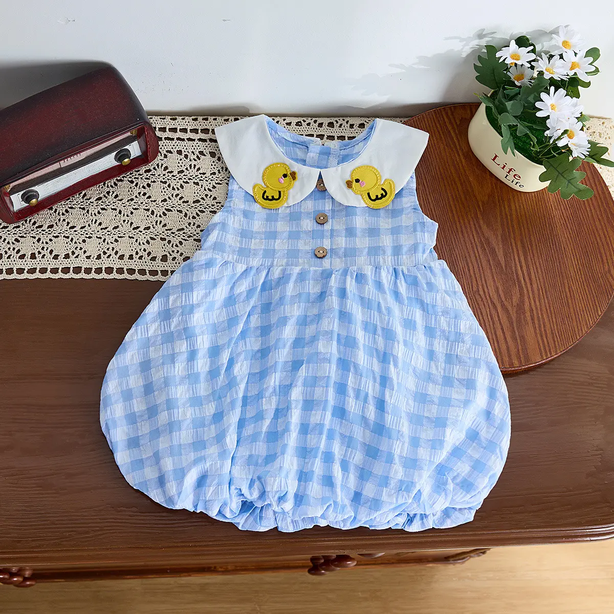 Children's Clothing 2025 Summer Girl Baby Duckling Embroidered Dress Small Fresh Plaid Dress Thin Skirt