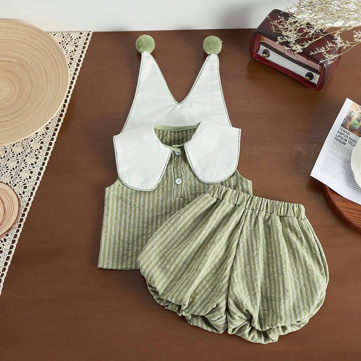 Korean children's clothing 2025 summer edition girls' baby lapel sleeveless set small fresh striped set