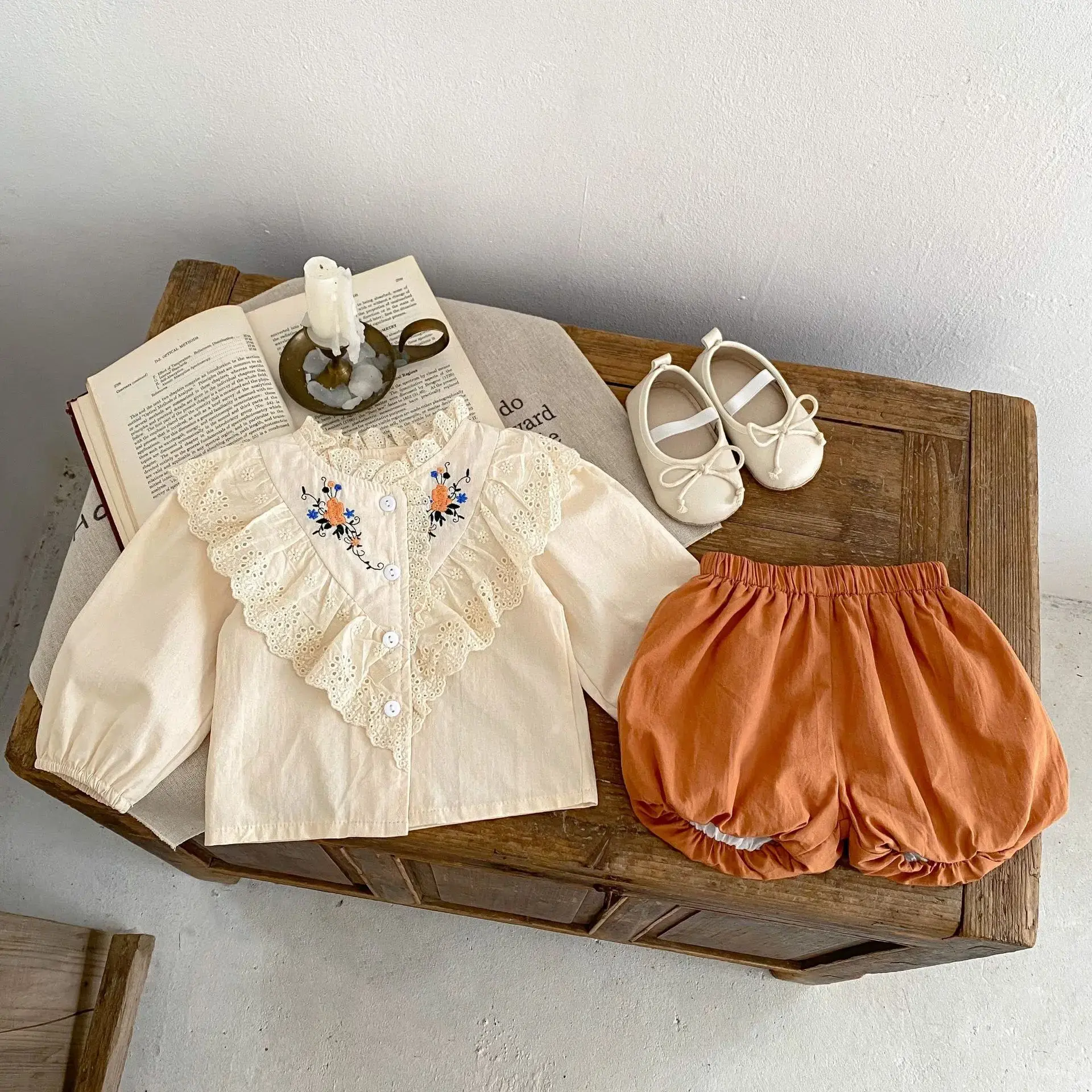 2025 Spring new in kids baby girls clothes children embroidery flower ruffles top shirts+Flower bud shorts infant set 2pcs 0-3Y