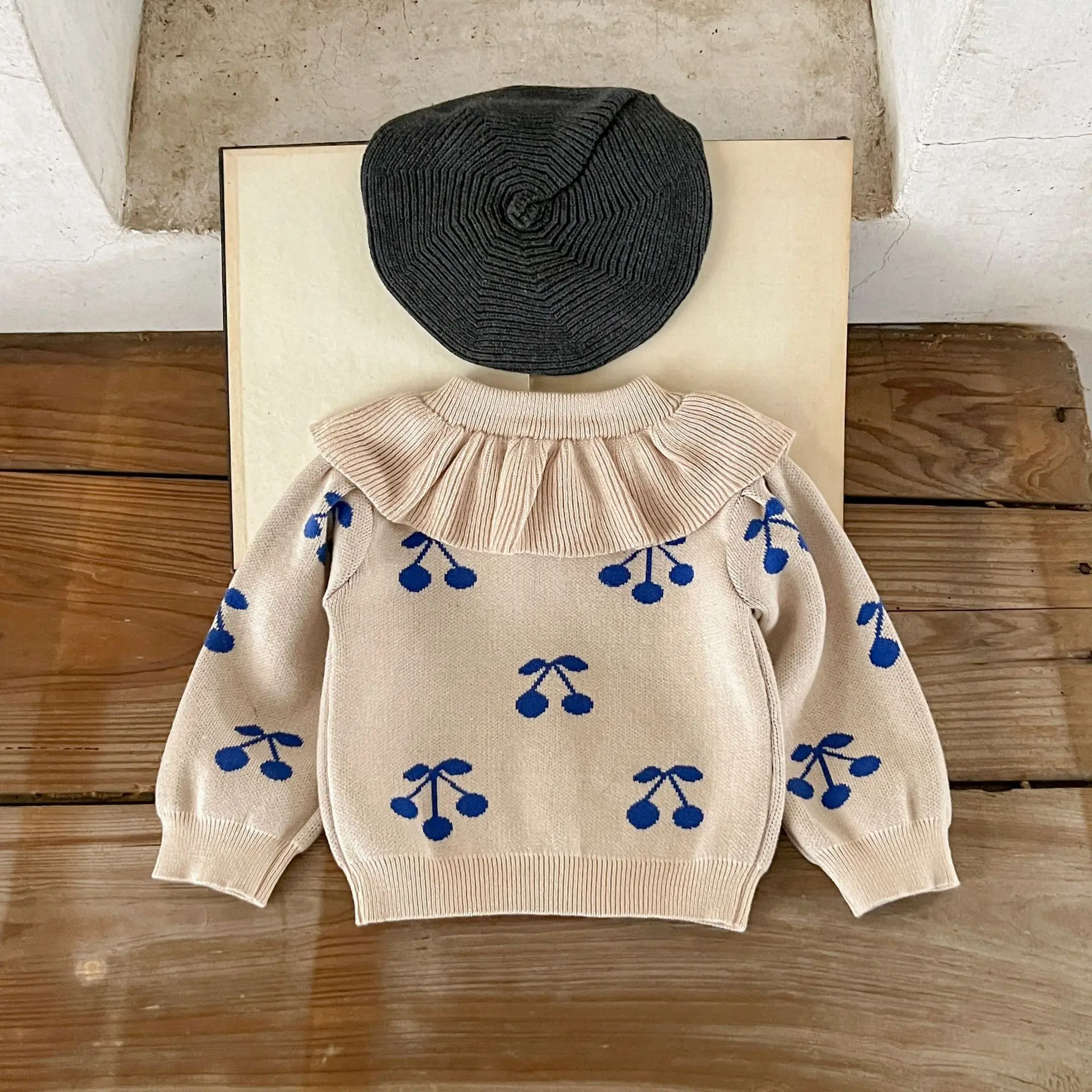 Ins Korean Version of Girls' Baby Pure Cotton Lotus Collar Cherry Cardigan for Newborns Autumn Versatile Soft Sweater Jacket